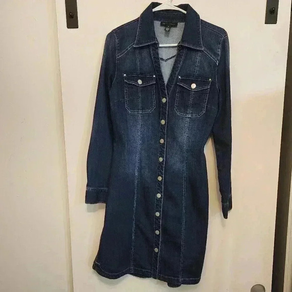 Denim Dress Button Down Long Sleeve Dark Wash Casual Shirt Dress - Picture 3 of 9